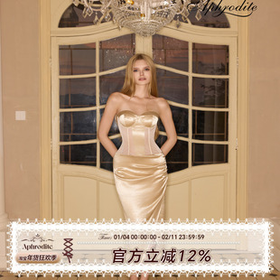 Aphrodite 鎏金晚宴 香槟金缎面千金高级连衣裙生日年会礼服显瘦