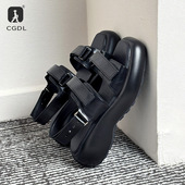 全真皮宽脚背高潮男高跟增高罗马鞋 高档小众个性 松糕底魔术贴凉鞋