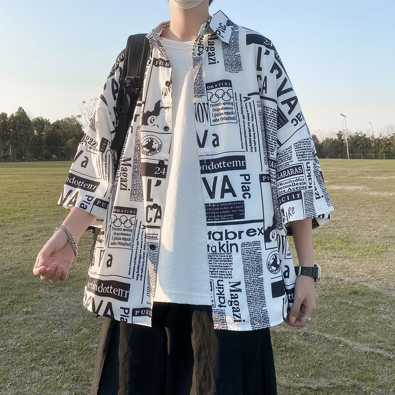 港风百搭短袖衬衫男外套潮流七分