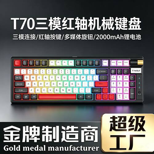 T-WOLF雷狼T70机械键盘红轴三模蓝牙无线三拼色客制化电竞游戏