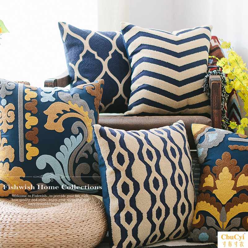 几何蓝白绣花靠垫套 条纹沙发棉麻美式刺绣靠背抱枕套 不含芯|msdalam kategori rumah Fabrik, bantal/bantal - dari Buy2taobao.com untuk memberikan perkhidmatan ejen Taobao profesional membeli