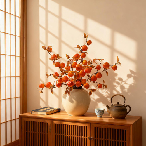 仿真柿子果实假花8果柿子树枝柿柿如意插花摆件客厅摆设干花装饰