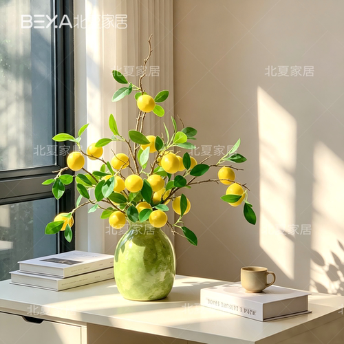 盛夏柠檬仿真果枝清新黄柠檬客厅玄关桌面插花摆件 配花瓶可装水