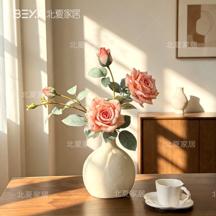复古豆沙粉巴黎玫瑰仿真花假花套装含花瓶家居桌面装饰花艺摆件