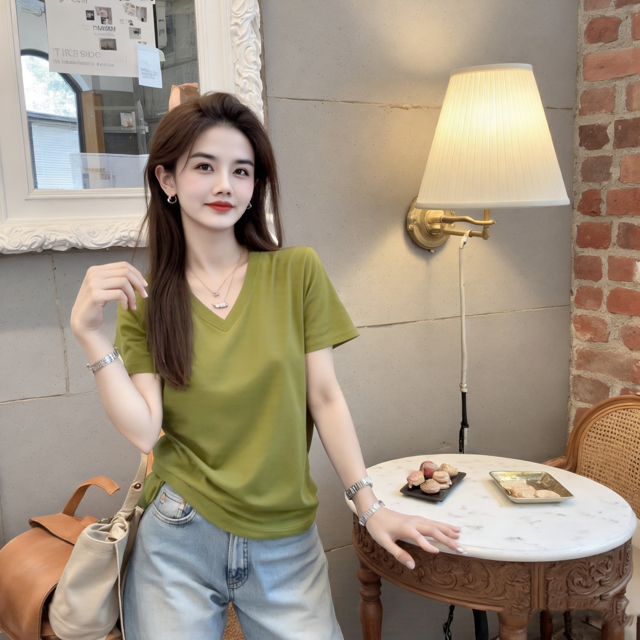 李西西【如意T】净版极简V领莱赛尔气质正肩显瘦短袖时尚休闲百搭