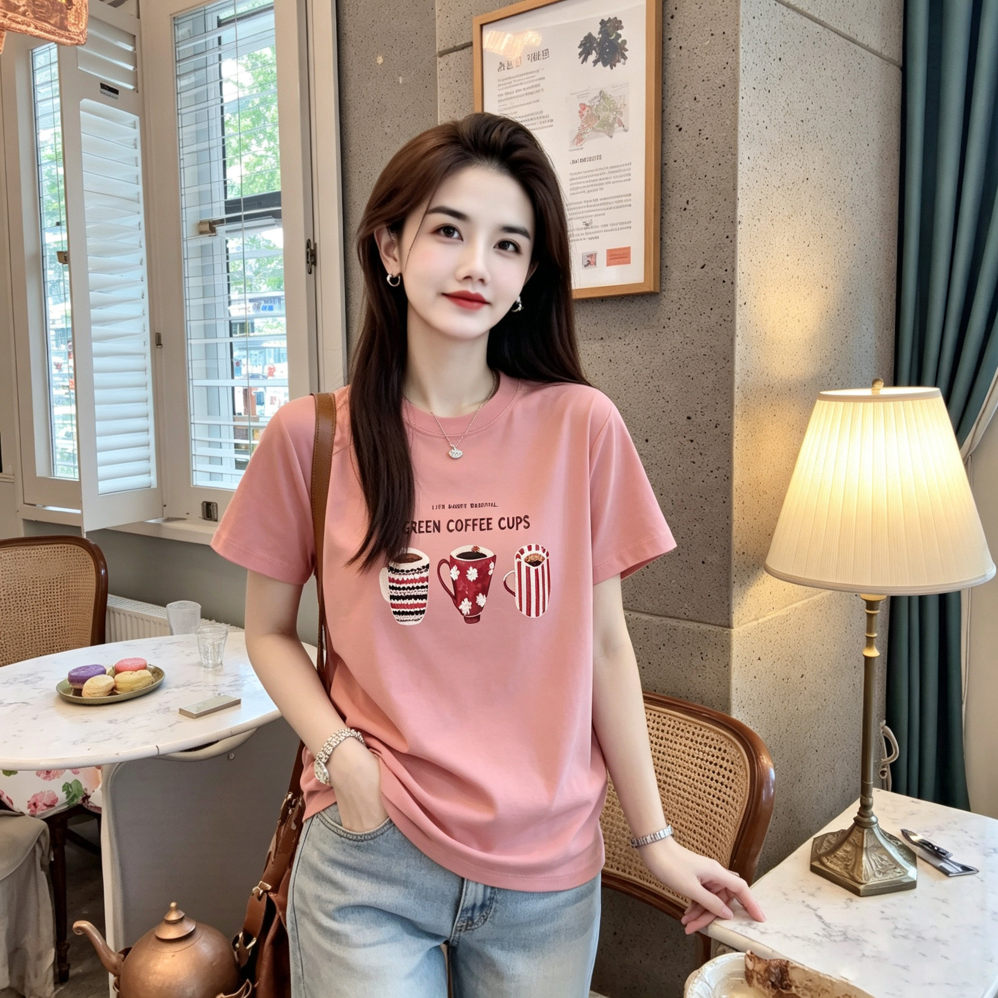 李西西【美丽人生】纯棉正肩显瘦短袖T恤圆领时尚休闲百搭上衣