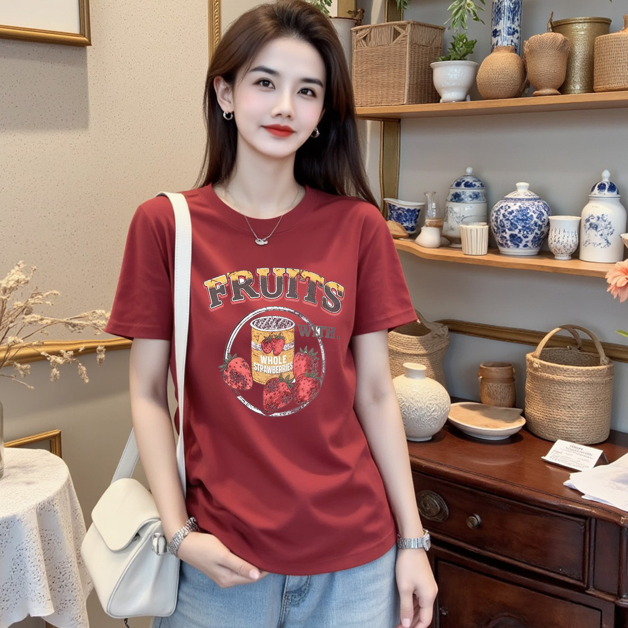 李西西【草莓罐头】纯棉正常版型ins风时尚休闲百搭短袖T恤显瘦