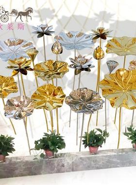 不锈钢荷叶荷花雕塑落地摆件酒店会所水池水景室外金属荷花装饰品