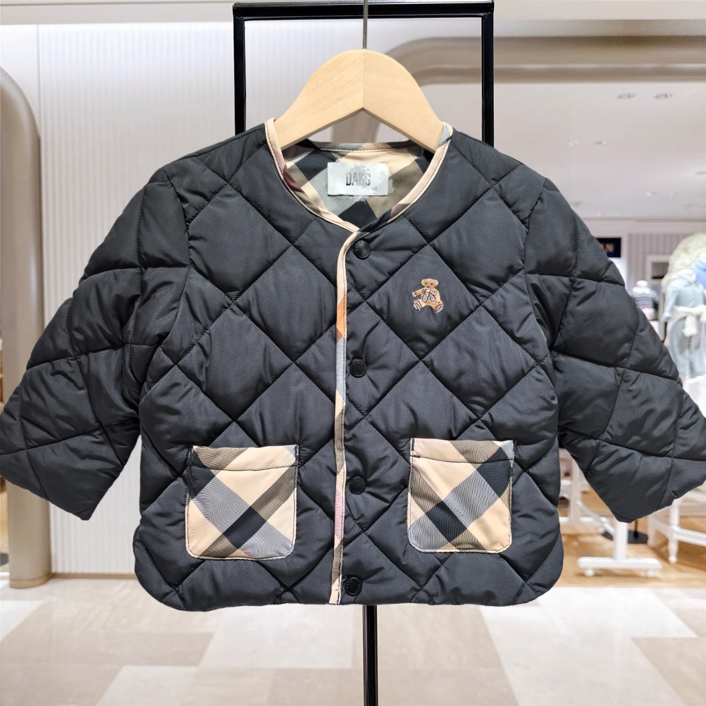 韩国童装冬季新款男女宝宝格纹加厚棉服儿童棉衣外套有帽不可拆暖