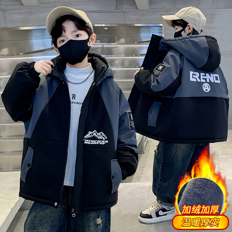 男童冬装加厚棉衣新款中大儿童秋冬季加绒外套洋气连帽拼色派克服