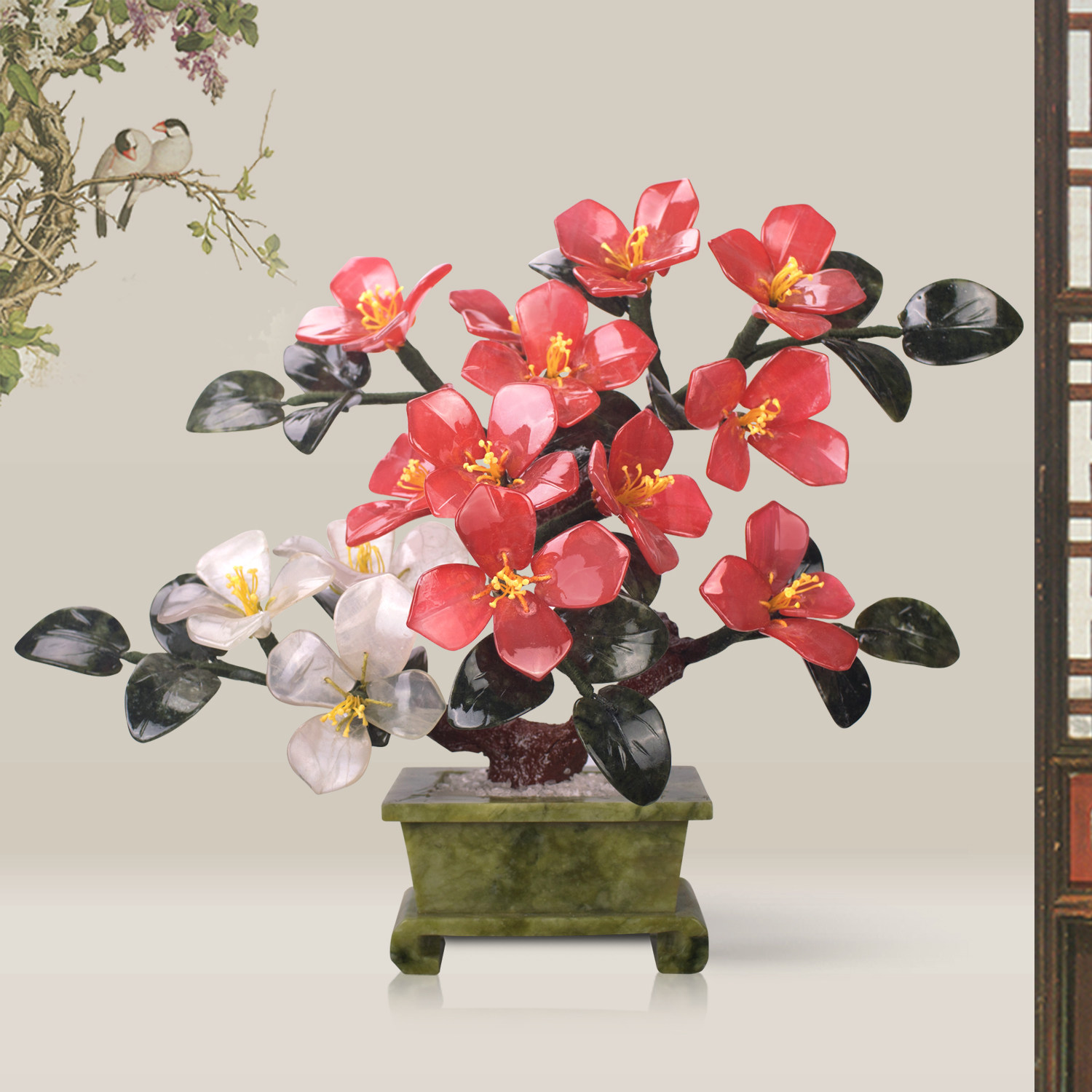 天然玉石盘景牡丹花乔迁商务礼品