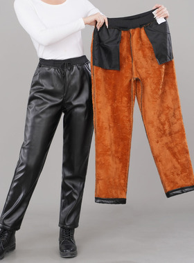 宽松直筒皮裤中年女士外穿冬季加厚加绒罗纹松紧腰春秋皮长裤艾贝