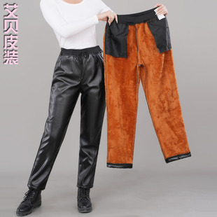 艾贝 加厚加绒罗纹松紧腰春秋皮长裤 宽松直筒皮裤 中年女士外穿冬季
