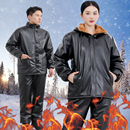 工作服PU皮裤 外卖骑行皮棉衣男防风皮棉裤 女冬季 加绒加厚皮衣套装