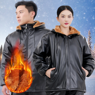 加绒加厚宽松皮衣女冬季 外卖骑行皮棉衣防风保暖干活穿男PU工作服