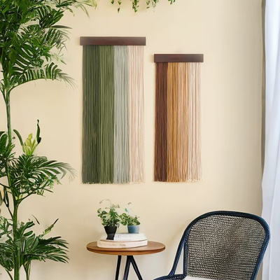 新款北欧风复古家居墙面装饰木板流苏墙饰棉绳手工编织挂毯壁挂