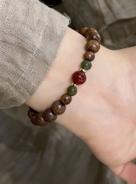 原创中式设计金丝檀木玛瑙玉珠手串女木质文玩手链