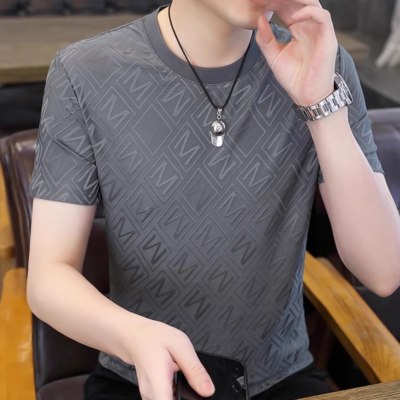 品牌桑蚕丝短袖t恤男圆领修身潮流高端提花夏季薄款速干男士半袖