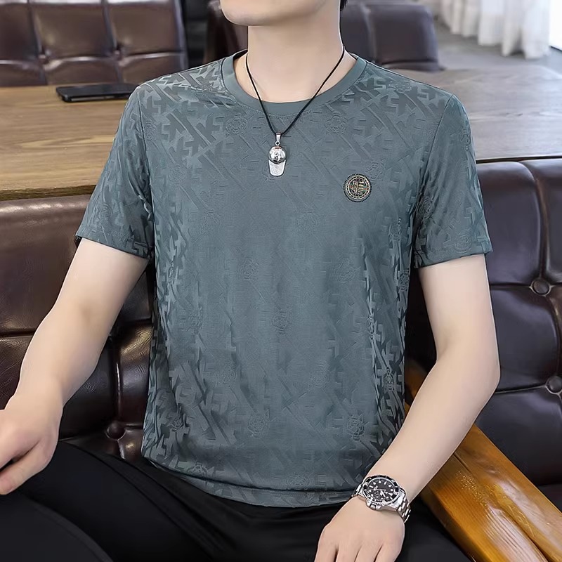 桑蚕丝男士短袖T恤2025夏季新款圆领高端烫钻薄款修身冰丝上衣潮