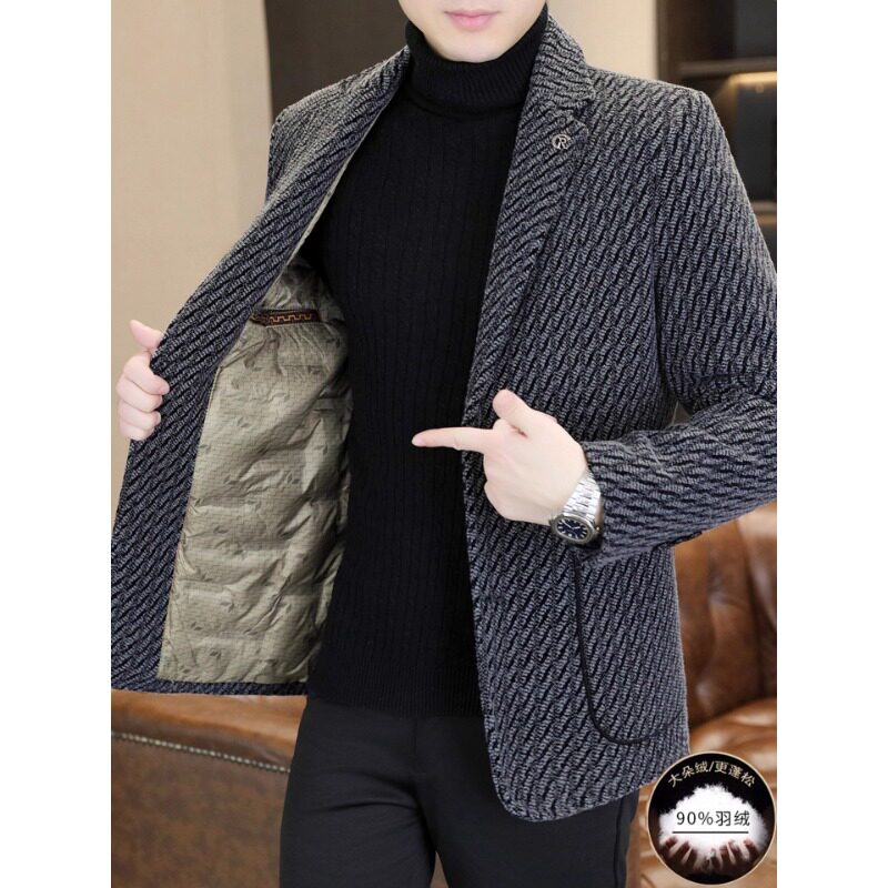 高端羊毛西装羽绒服男秋冬季轻薄款白鸭绒保暖单西服休闲男士外套