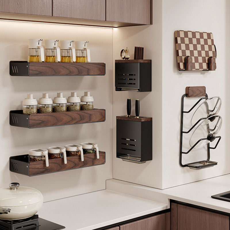 胡桃木厨房置物架免打孔多层实木锅盖刀筷勺调料油壶壁挂架中古风,厨房/烹饪用具,厨房墙壁置物架/厨房墙壁挂架,淘宝优惠券,粉丝福利购,淘宝优惠卷