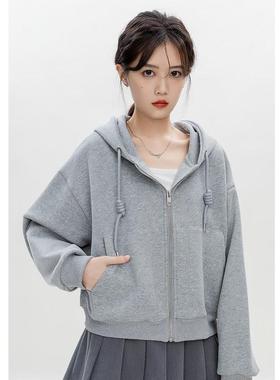 灰色短款外春秋薄款帽开拉链衫卫衣女春2025新款NC4F100-连宽松休