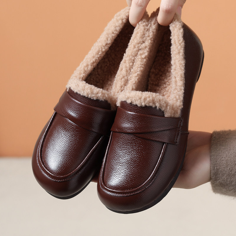 2025冬真皮平底休闲妈妈棉鞋女软底豆豆鞋一脚蹬加绒保暖老人皮鞋,女鞋,棉鞋,淘宝优惠券,粉丝福利购,淘宝优惠卷
