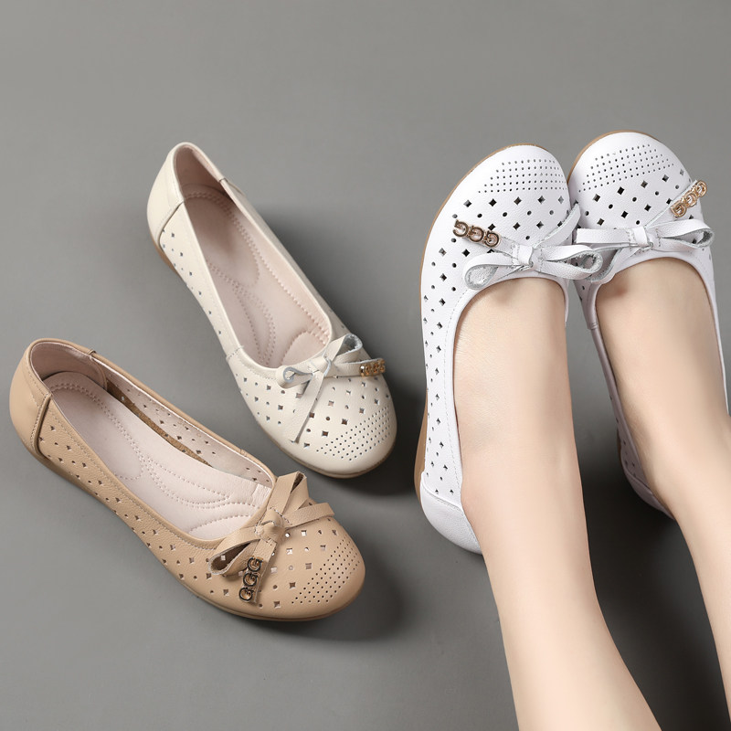 真皮洞洞鞋女2025春夏新款圆头平底坡跟软底镂空妈妈凉鞋浅口单鞋