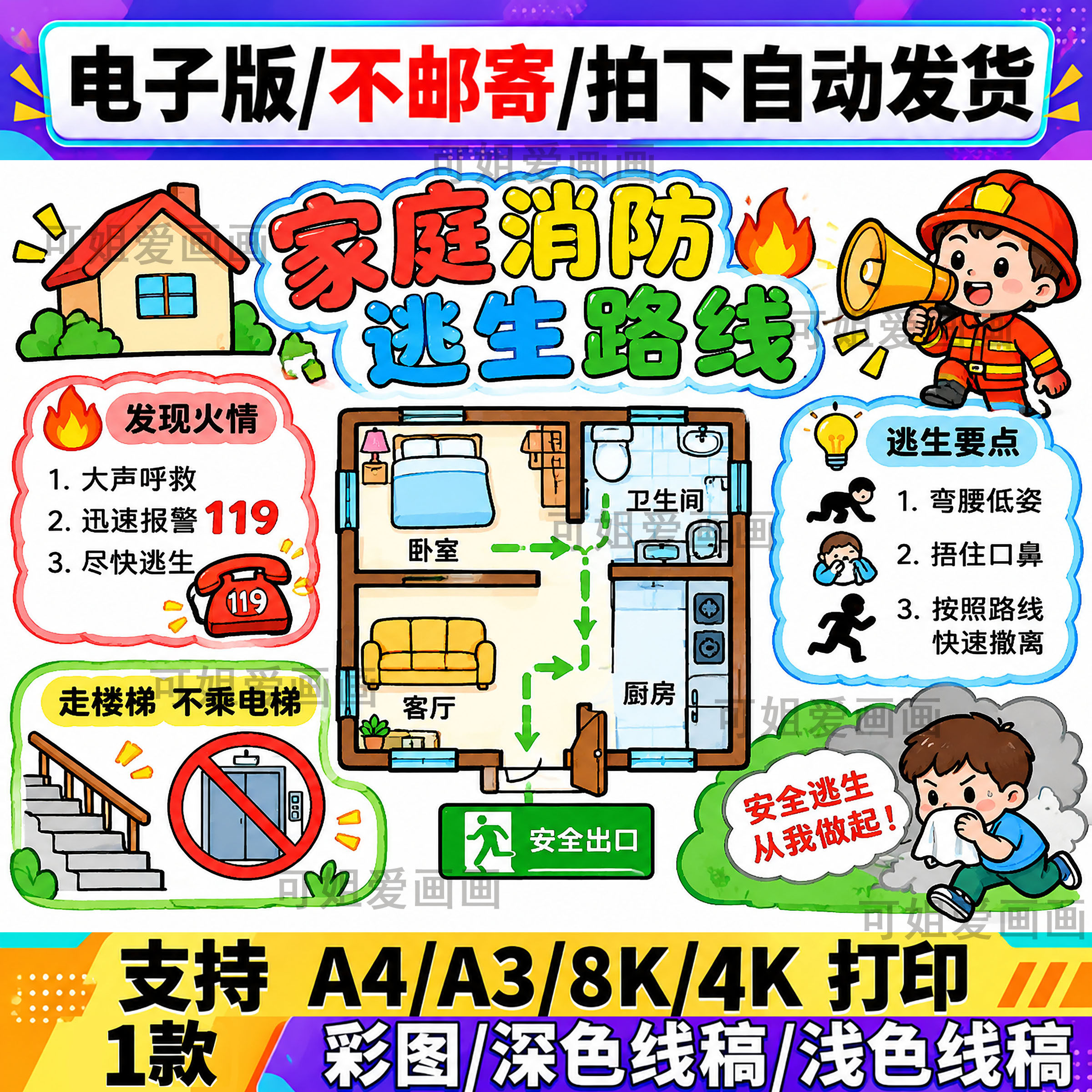 家庭消防逃生路线图电子版A4彩图卡通插画DIY设计素材