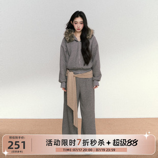 RedBling 原创设计连帽卫衣套装女毛领外套宽松休闲阔腿裤两件套