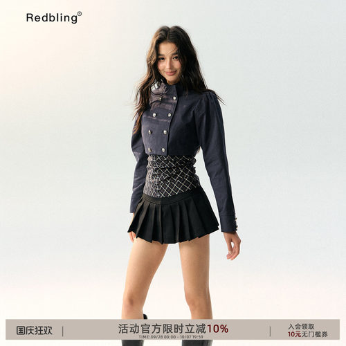 RedBling原创设计辣妹风短款外套复古三件套格纹抹胸黑色百褶短裙