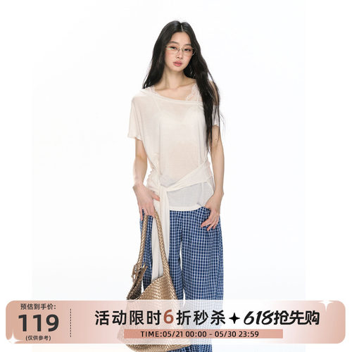 RedBling 原创设计新款网纱莱赛尔短袖T恤三色斜肩上衣打底衫女