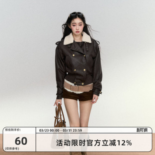 RedBling 时髦复古皮衣夹克高级感棕色短外套女 原创设计秋冬新款
