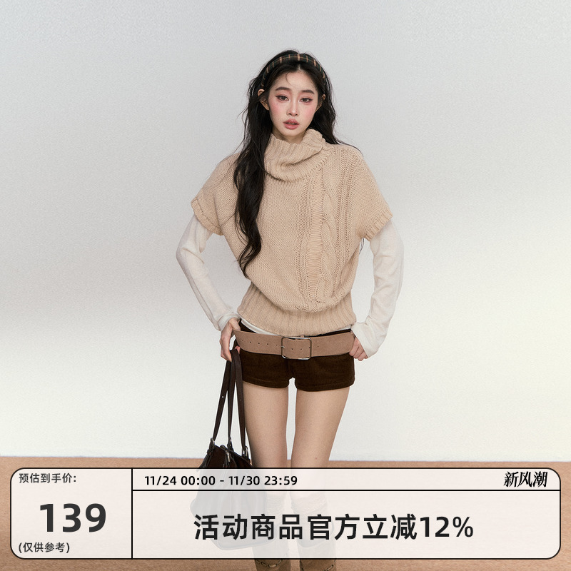 RedBling 原创设计卡其色中袖针织毛衣秋冬新款慵懒风百搭上衣女