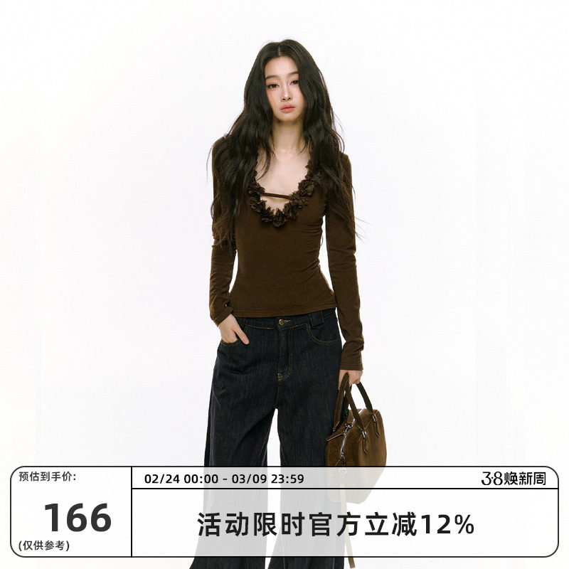 RedBling 原创设计秋冬新款纯欲性感辣妹修身显身材v领打底衫上衣