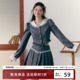 新款 RedBling原创设计学院风灰色套装 清纯蕾丝花边外套百褶裙春季