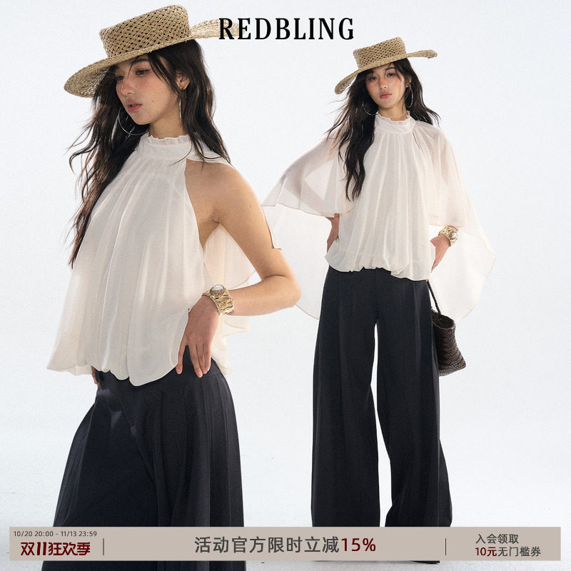 RedBling原创设计网纱宽松无袖蕾丝罩衫夏季新款露肩拼接雪纺上衣
