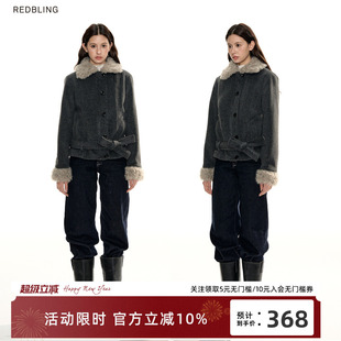RedBling 原创设计灰色复古正肩绑带毛呢外套女冬季短款棉服外衣