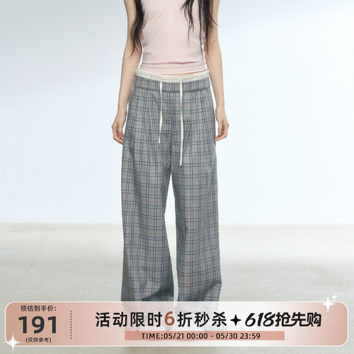 RedBling 原创设计款浅色格纹休闲裤时尚百搭显瘦直筒拖地长裤女