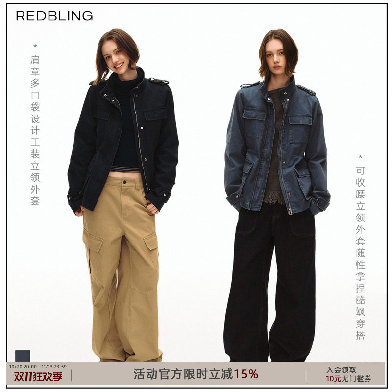 RedBling*做旧水洗英伦复古工装外套纯棉立领拉链酷飒叠穿上衣