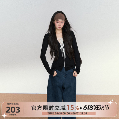 RedBling原创设计纯欲系带蕾丝拼接黑灰打底针织上衣收腰长袖内搭