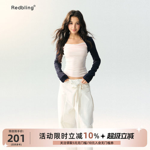 RedBling原创设计一体式假两件上衣撞色开襟坎肩长袖辣妹叠穿外套