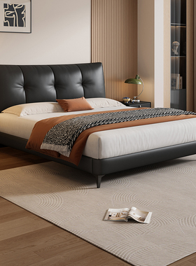 岚瑟琳真皮床意式极简2026新款主卧室高端大气双人黑色婚床软包床