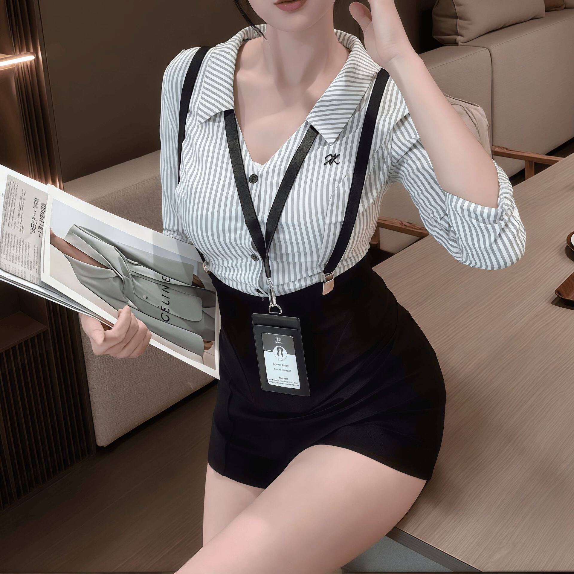 OL大码纯欲条纹衬衫短裤套装
