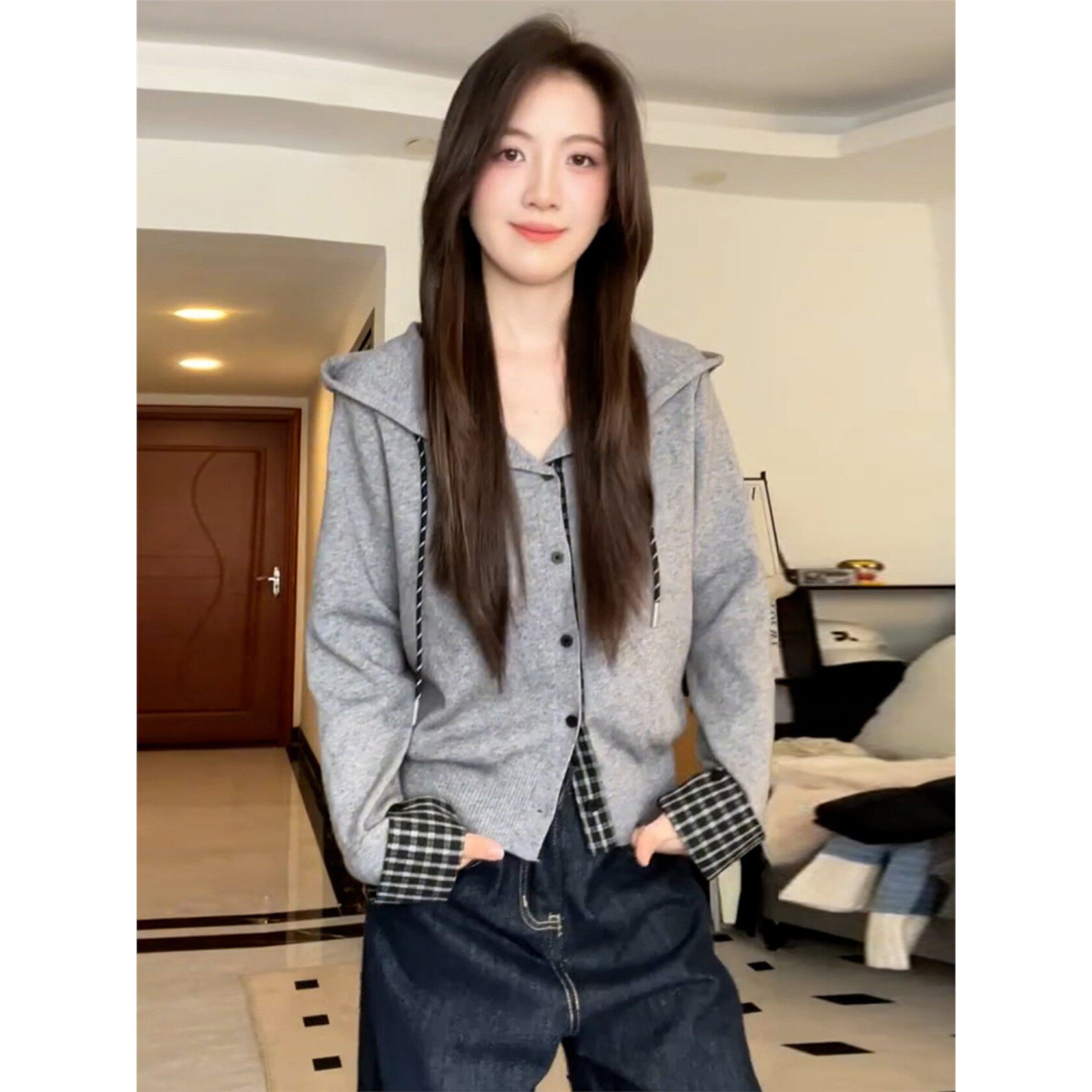 2025新款韩系假两件灰色连帽卫衣外套女秋冬季针织衫毛衣爆款上衣