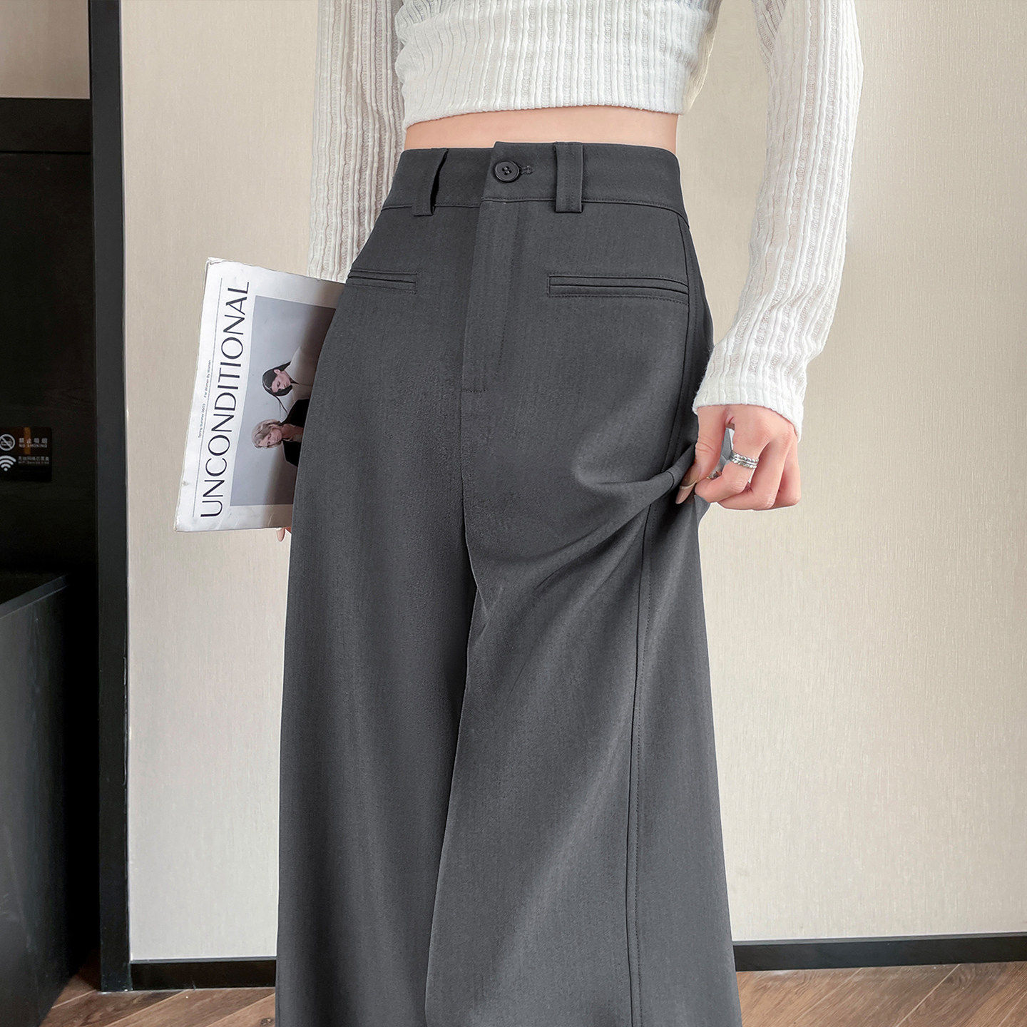 高级灰西装阔腿裤女春夏季窄版高腰显瘦垂感休闲裤宽松直筒拖地裤