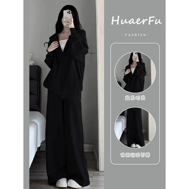 宽松大码运动服套装女春秋学生韩版慵懒风连帽卫衣休闲两件套跑步