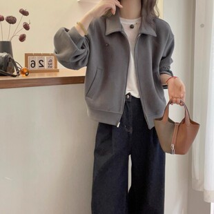 大码高级感灰色正肩翻领长袖卫衣外套春装女胖mm显瘦开衫夹克上衣
