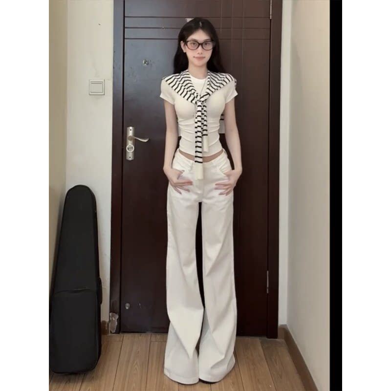 175高个子加长版白色不贴腿喇叭牛仔裤女春秋辣妹低腰直筒拖地裤