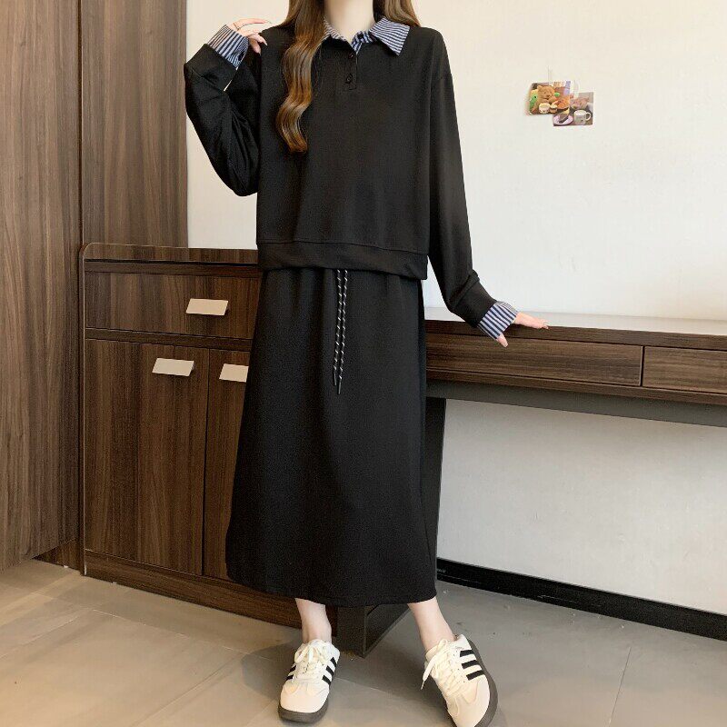 大码女装胖mm休闲遮肉套装春秋新款高级感韩系卫衣半身裙子两件套